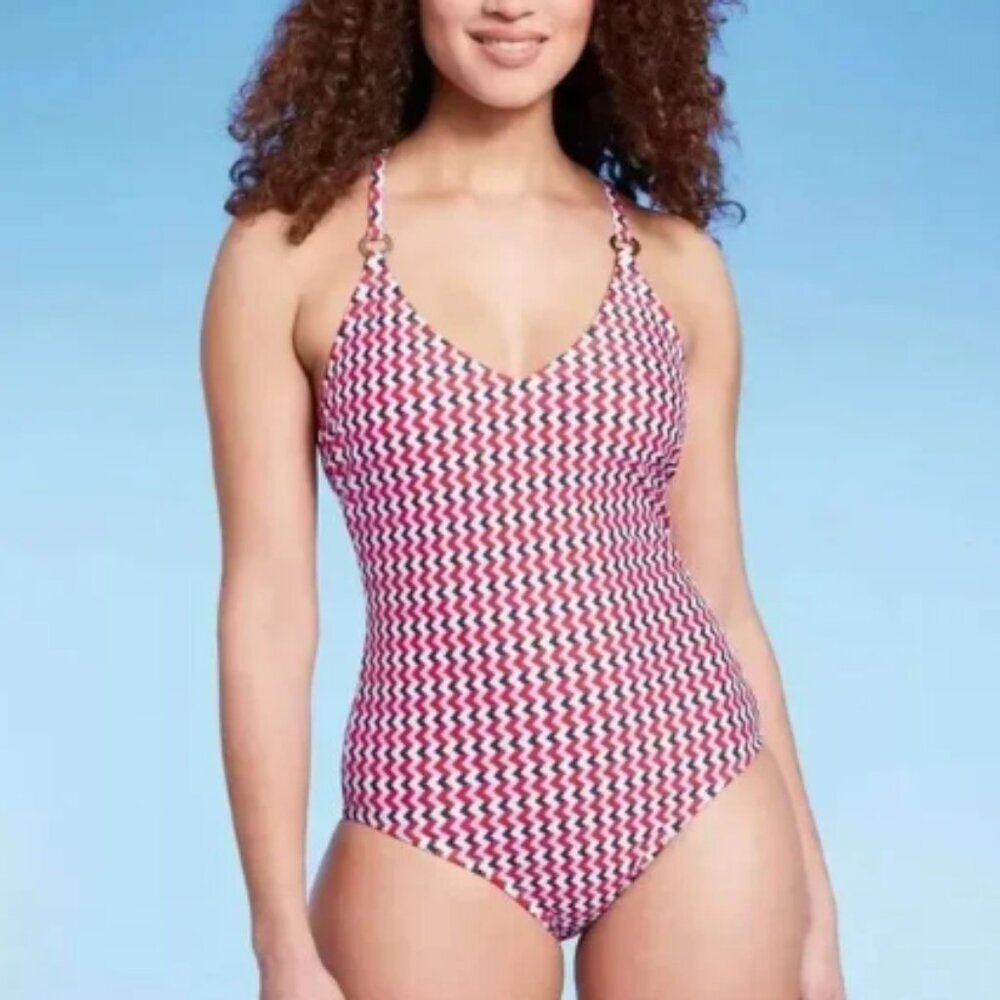 KONA SOL RED WHITE BLUE CROSS BACK O-RING ONE PIECE SWIMSUIT SIZE 20